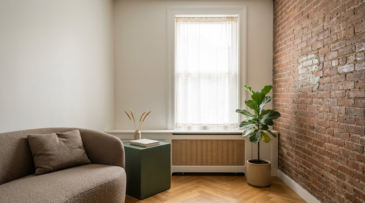 Living room corner with a rounded chair, sheer-curtained window, potted ficus, and exposed brick wall.