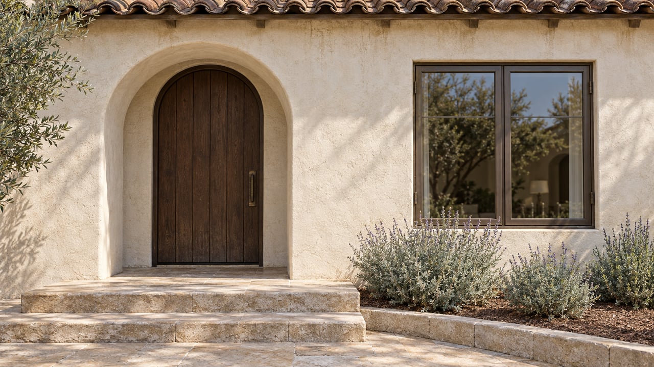 Weathered ivory stucco estate entrance with an arched walnut door, bronze casement window, clay roof tiles and limestone steps beside Cleveland sage.