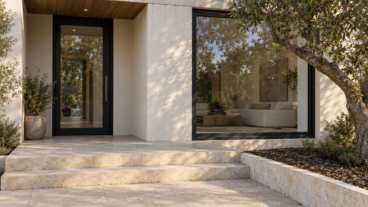 Modern residential entry with black-framed glazing, warm oak canopy, limestone steps and a sculptural coast live oak.