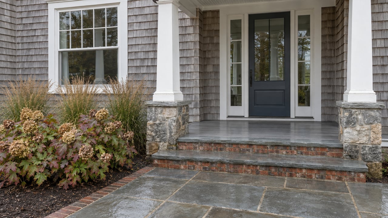 Weathered cedar-shingle home with a covered porch, glazed entry, bluestone steps and autumn oakleaf hydrangeas.