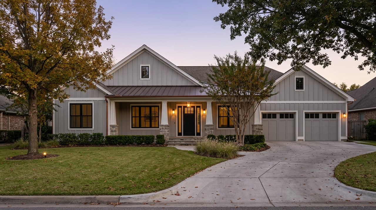 Gray farmhouse with a three-bay garage, stone porch columns, and an amber-lit oak tree at twilight.