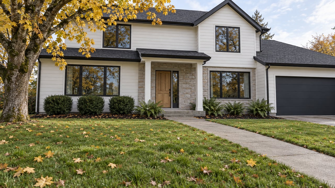 A two-story home with light siding, a stone entry and black-framed windows beyond a deep lawn with scattered autumn maple leaves.
