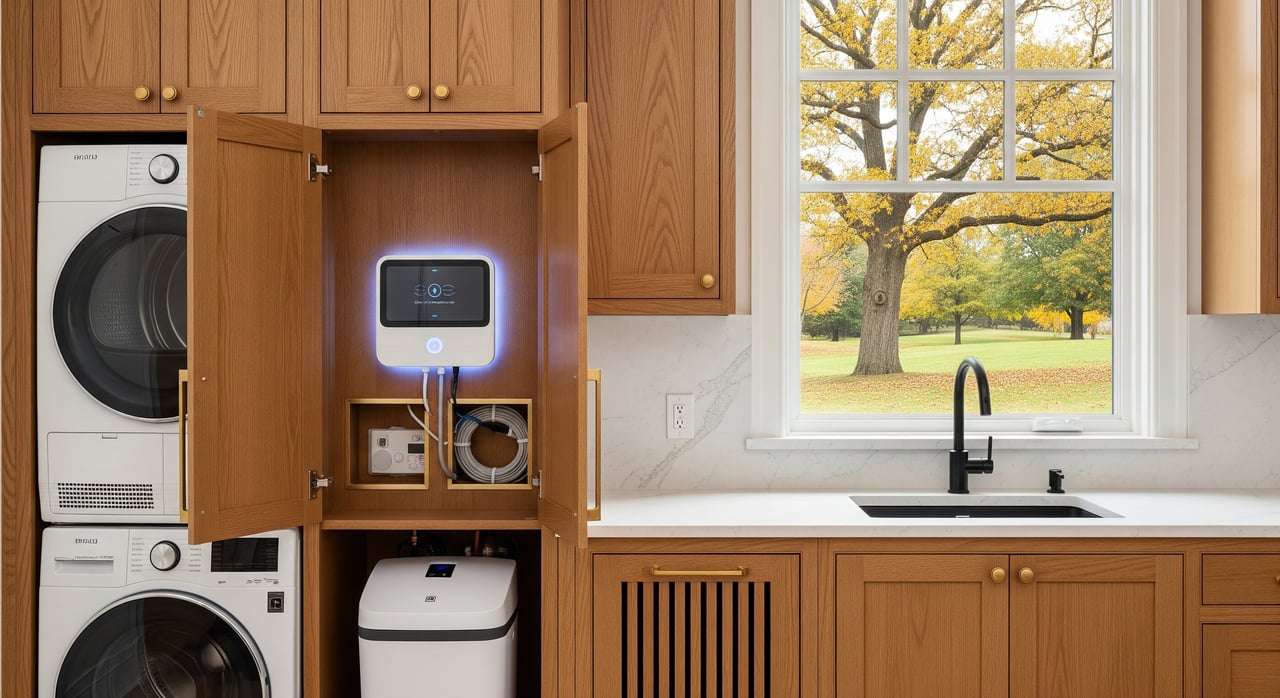 Wood-paneled laundry room with stacked machines, an open cabinet, and a window overlooking autumn trees.