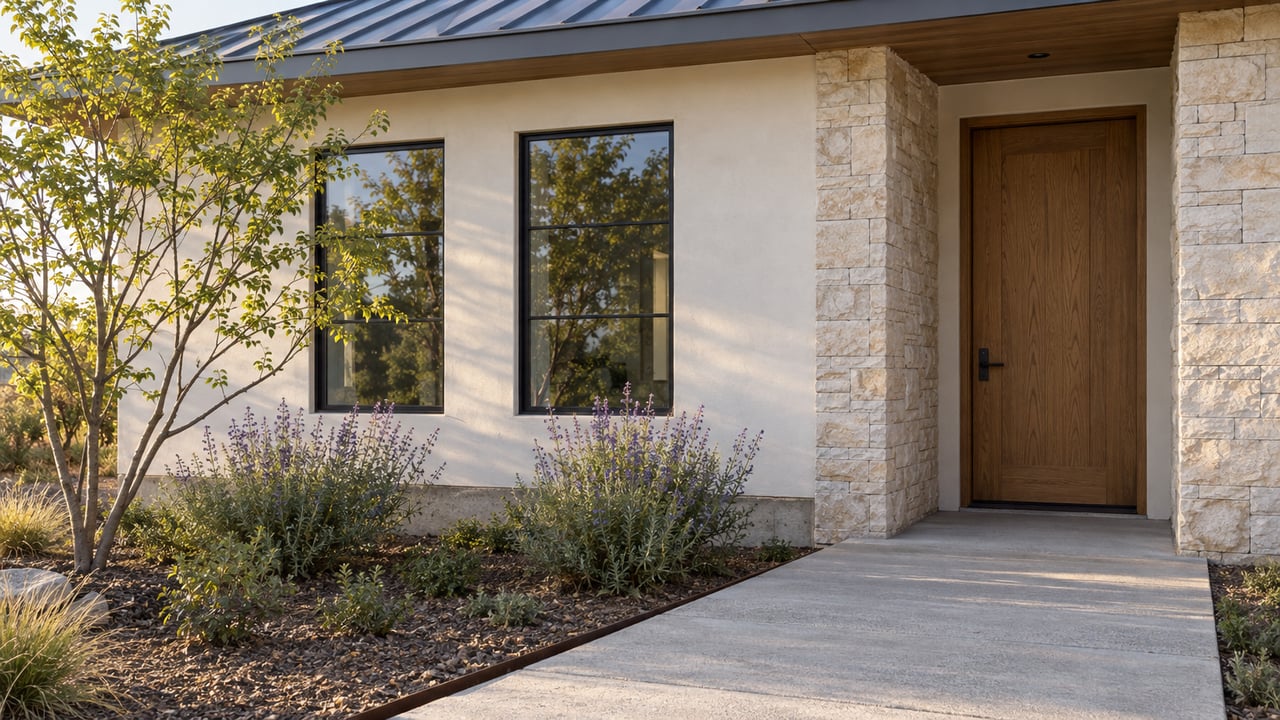Off-white stucco home facade with oak entry door, black-framed windows, limestone entry surround, and planted concrete walkway.