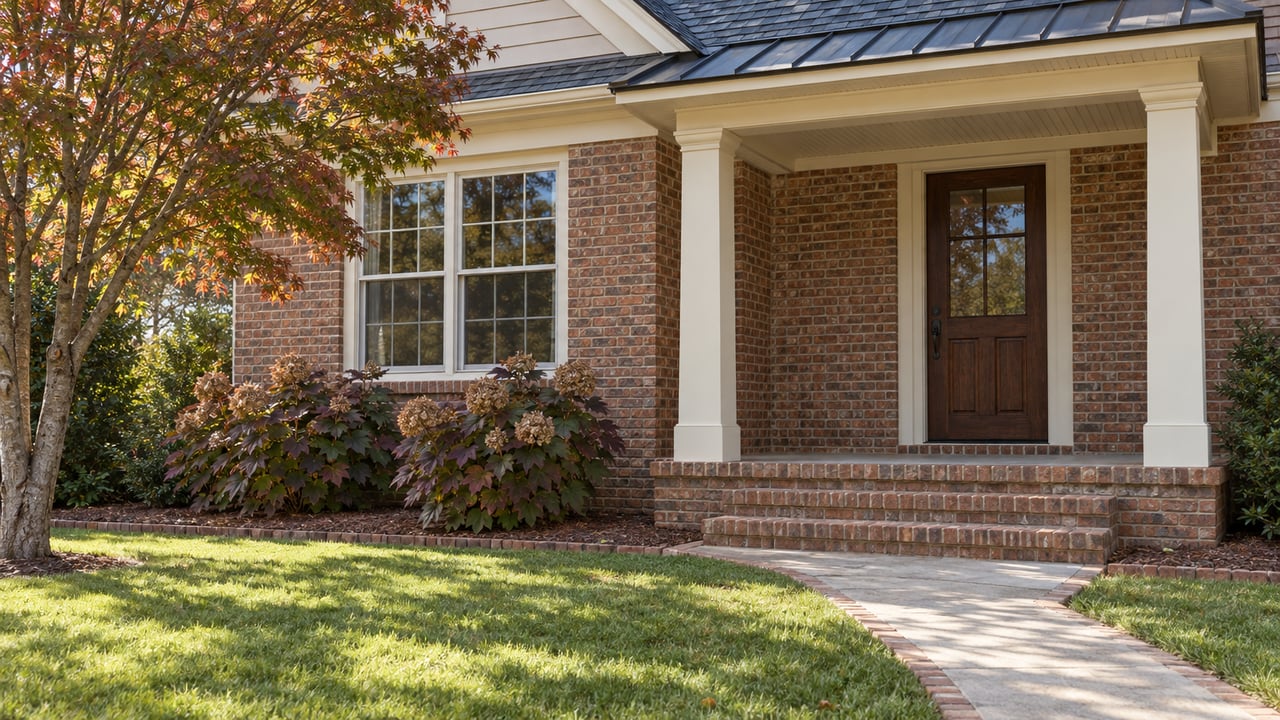 Brick-and-siding home with a covered front porch, brick steps, deep lawn, and autumn foliage.