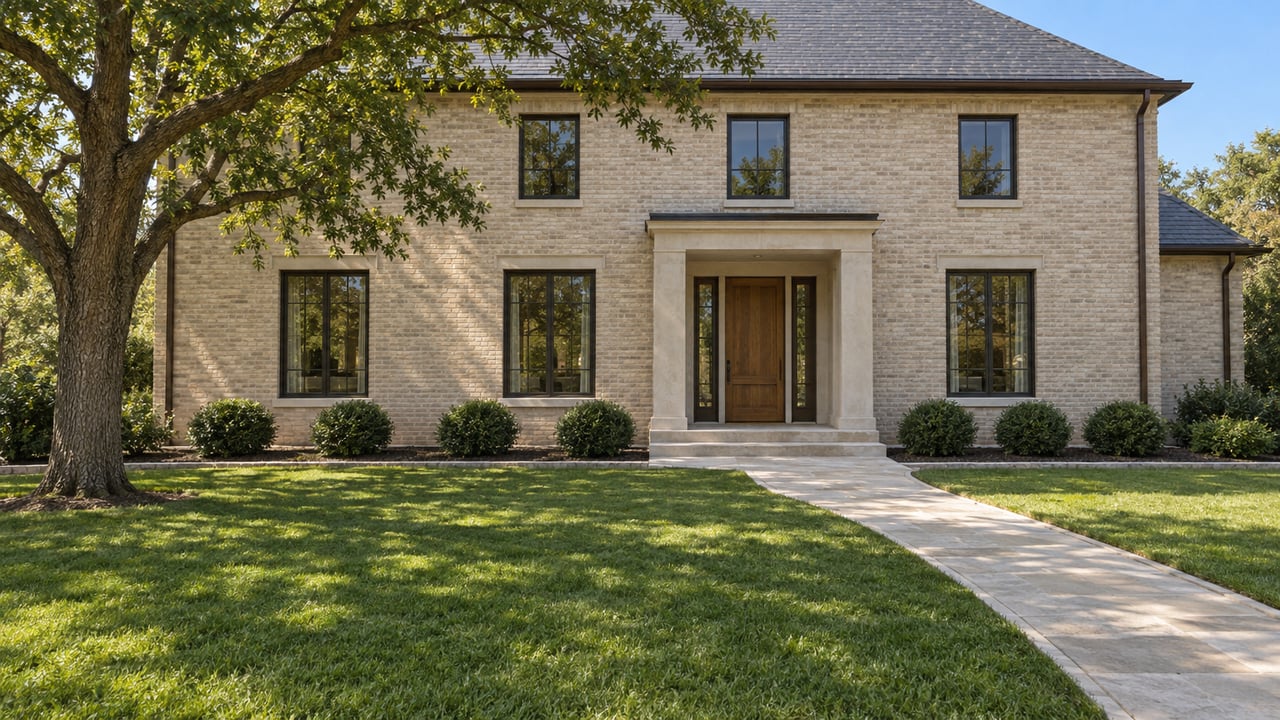 A spacious lawn and limestone walk lead to a pale brick home with bronze-framed windows, an oak entrance door and a mature shade oak.