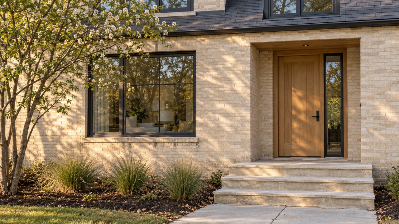 Pale-brick home with a recessed oak front door, limestone steps, and a serviceberry tree.