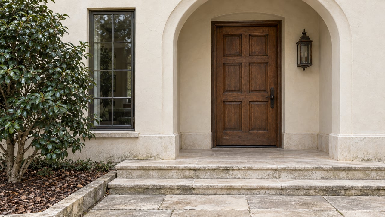 Stucco home entrance with an arched doorway, dark paneled wooden door, and wide stone steps.