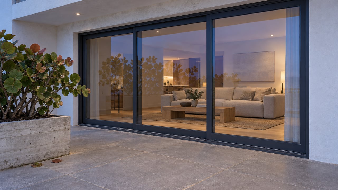 A sheltered condominium terrace at dusk with pale stucco, charcoal-framed glass doors, warm oak interiors, and a sea-grape specimen in a concrete planter.