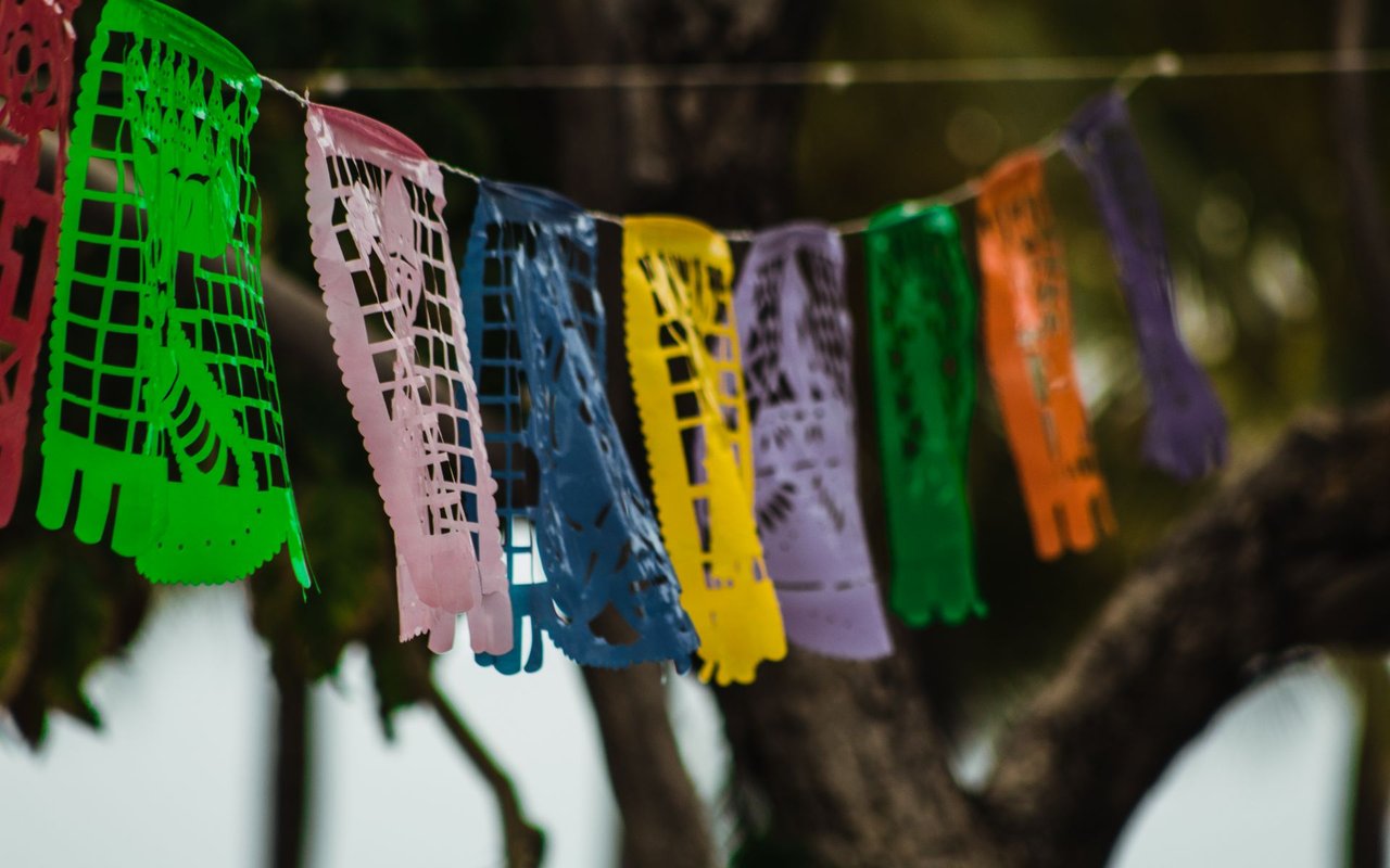 Colorful flags are hanging