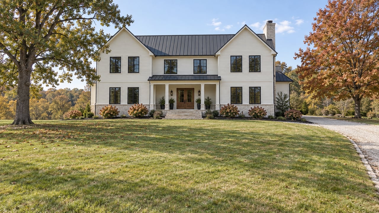 A large white two-story home beyond a broad rolling lawn, with a pale gravel drive, mature oak and copper-leaved maple.