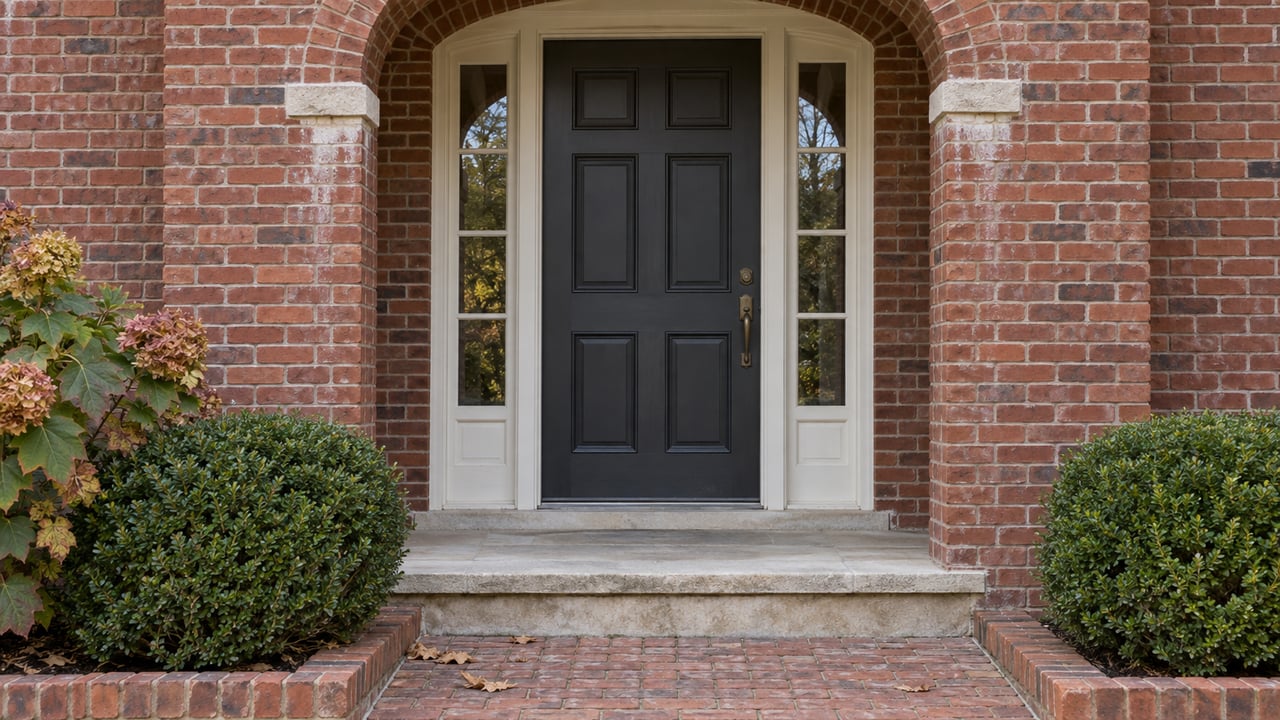 Recessed charcoal door with glazed sidelights beneath a brick arch, flanked by clipped boxwoods.