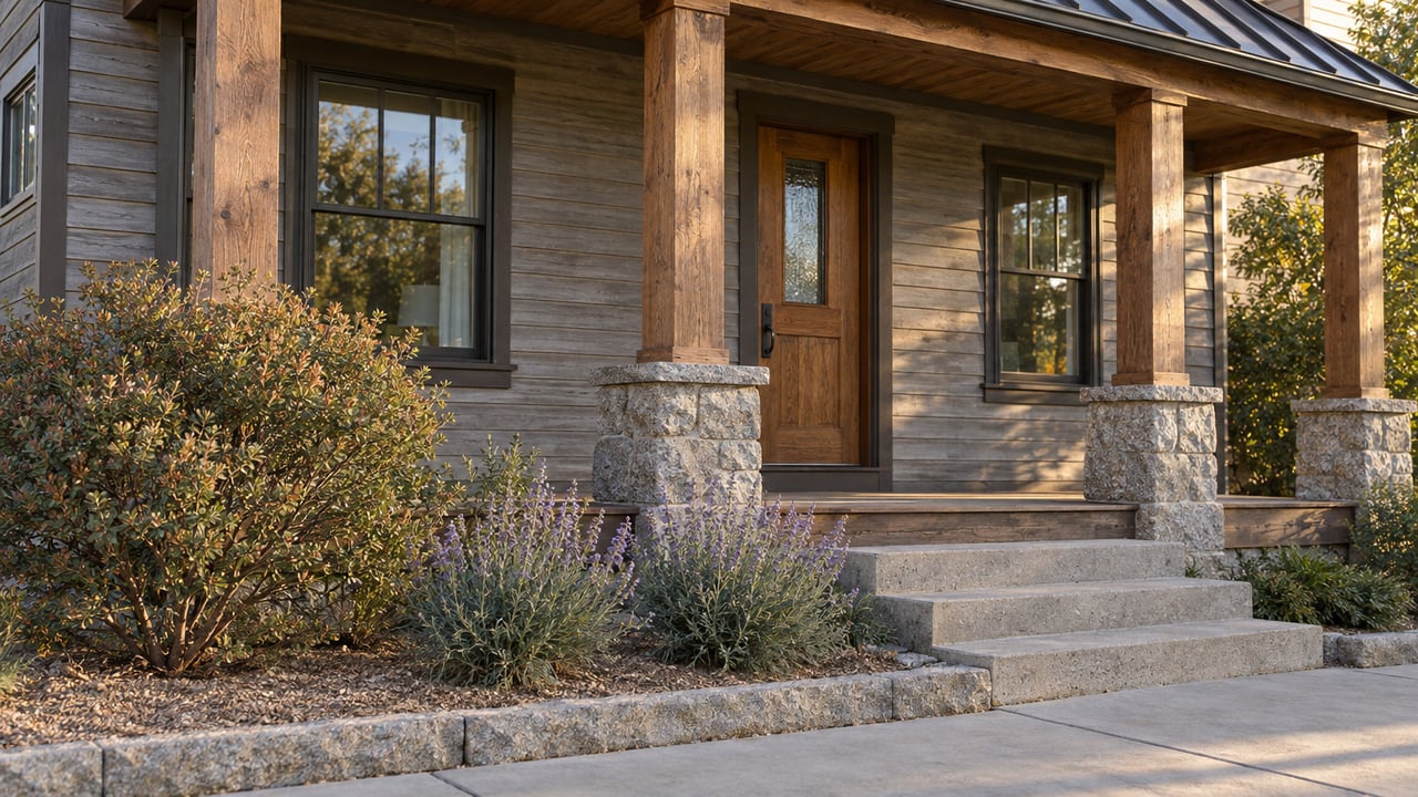 Restored two-story cedar house with a timber porch, oak door, granite piers, and a small planting bed.