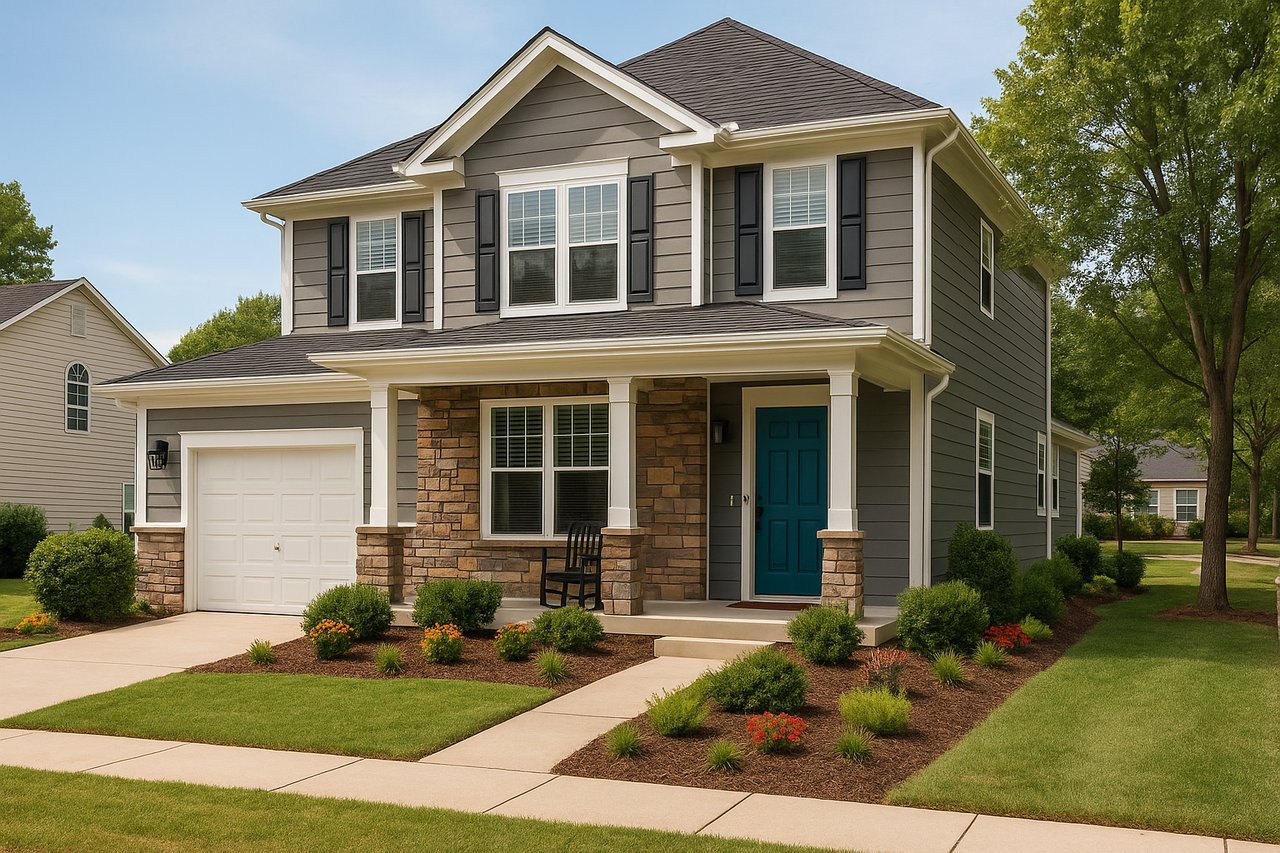 Modern Georgia home with fresh landscaping, bold front door, and welcoming curb appeal in a family-friendly neighborhood.
