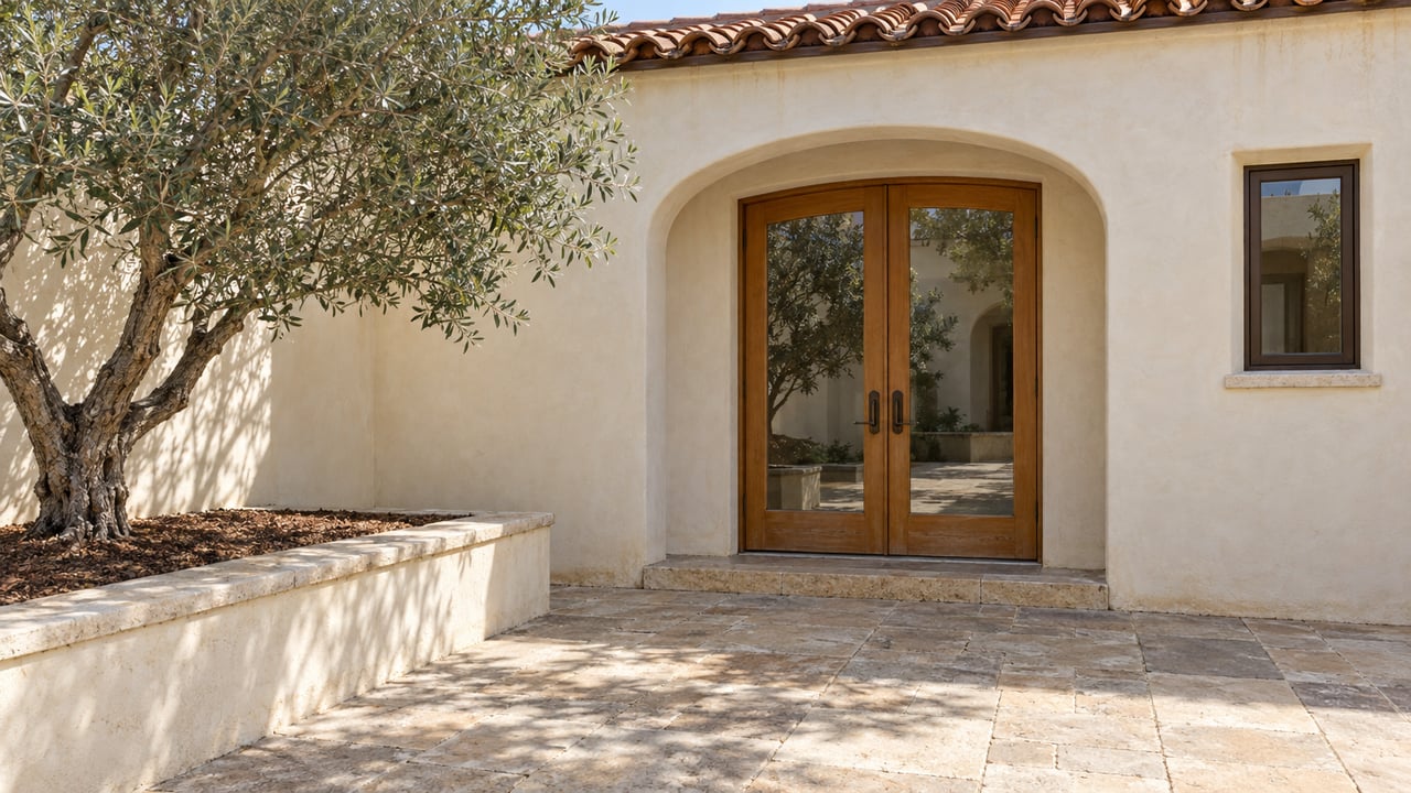 Sunlit cream stucco courtyard entry with terracotta roof tiles, glazed wooden double doors, limestone paving and a mature olive tree in a raised bed.
