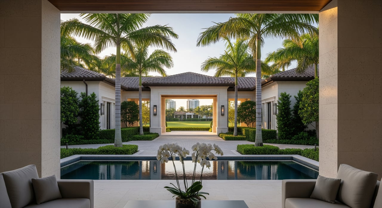 Modern courtyard framed by a shaded patio, with a reflecting pool, orchids, and tall palm trees.