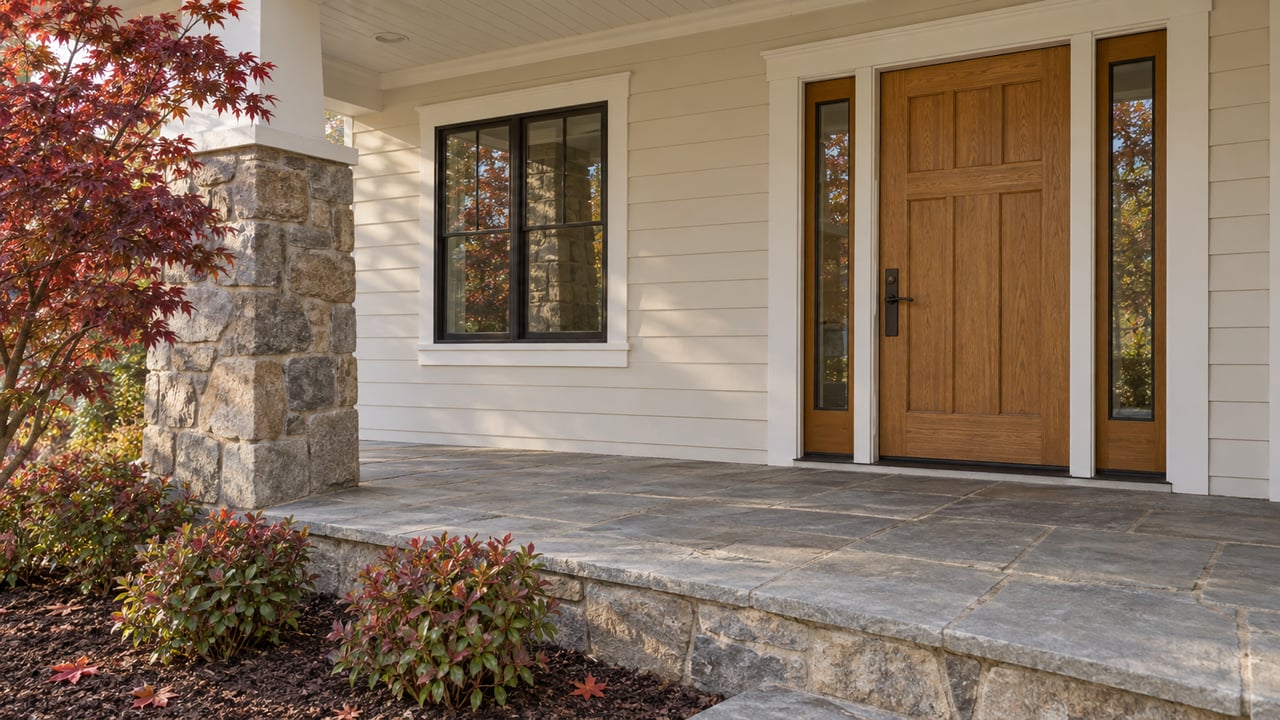 Covered home entrance with cream siding, a warm oak door, stone porch paving and burgundy autumn maple foliage.