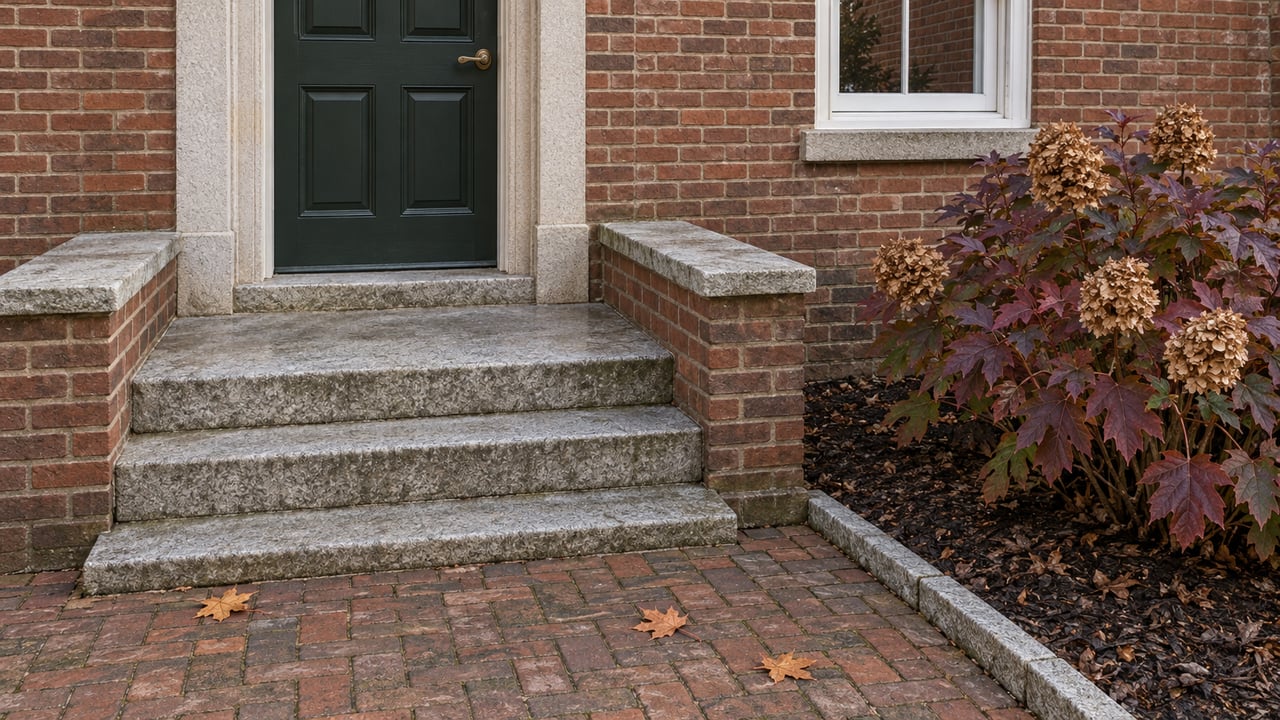 A green timber door in a weathered brick home above granite steps, beside burgundy oakleaf hydrangea.