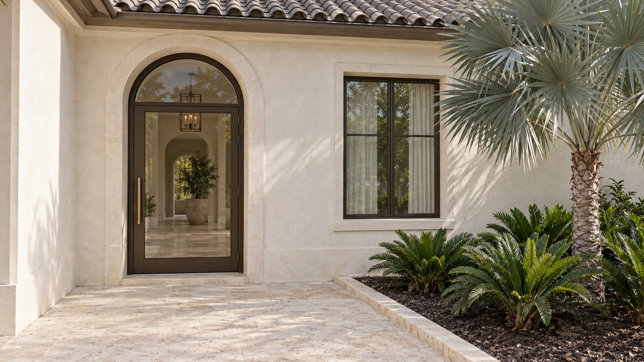 Sunlit stucco home entry with an arched glass door, coral limestone paving and a silver fan palm in a raised-edge planting bed.