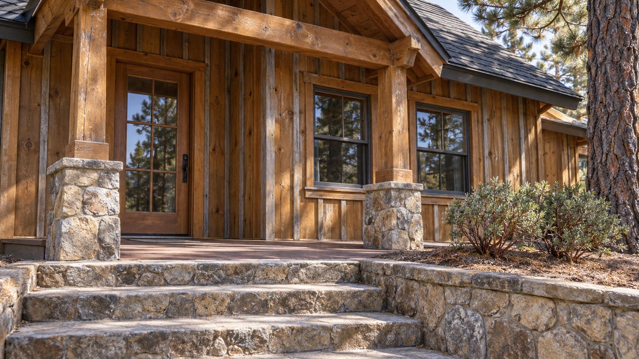 Cedar-sided cabin entrance with a sheltered timber porch, stone steps, paired windows and a mature pine beside the uphill approach.