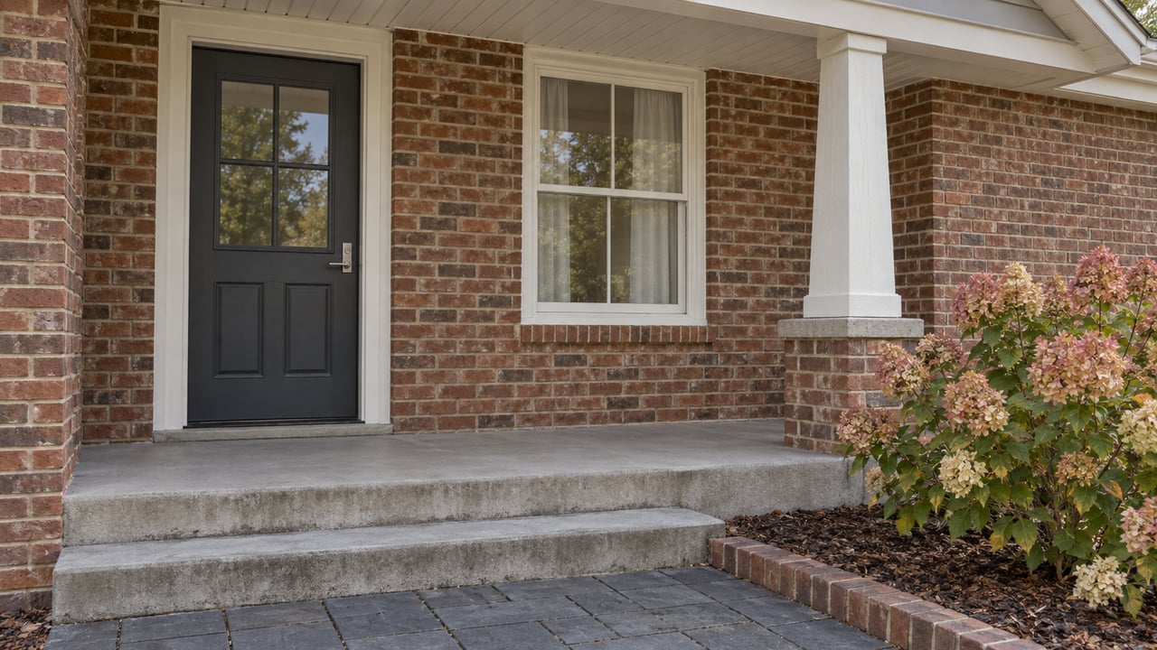 A covered home entrance with warm brick, a charcoal door, worn concrete steps, and a hydrangea with faded pink flower heads.