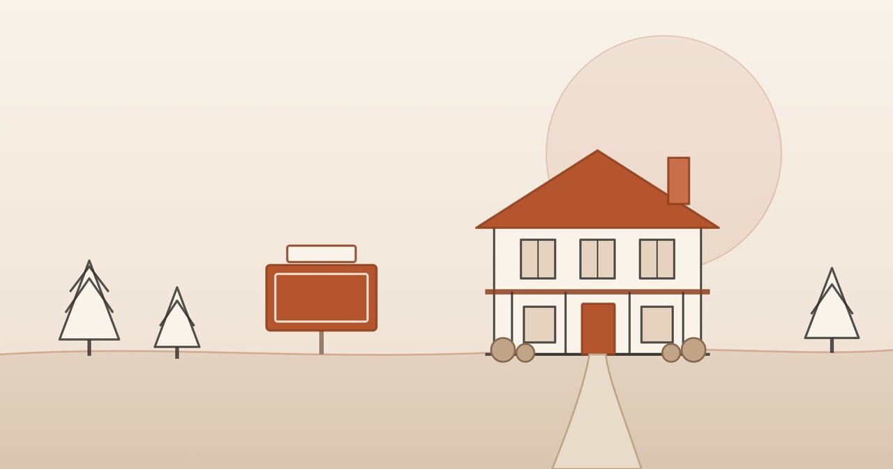 Warm editorial illustration of a two-story Southern home with a front porch, a blank for-sale sign in the yard, and pine trees, in rust and cream tones