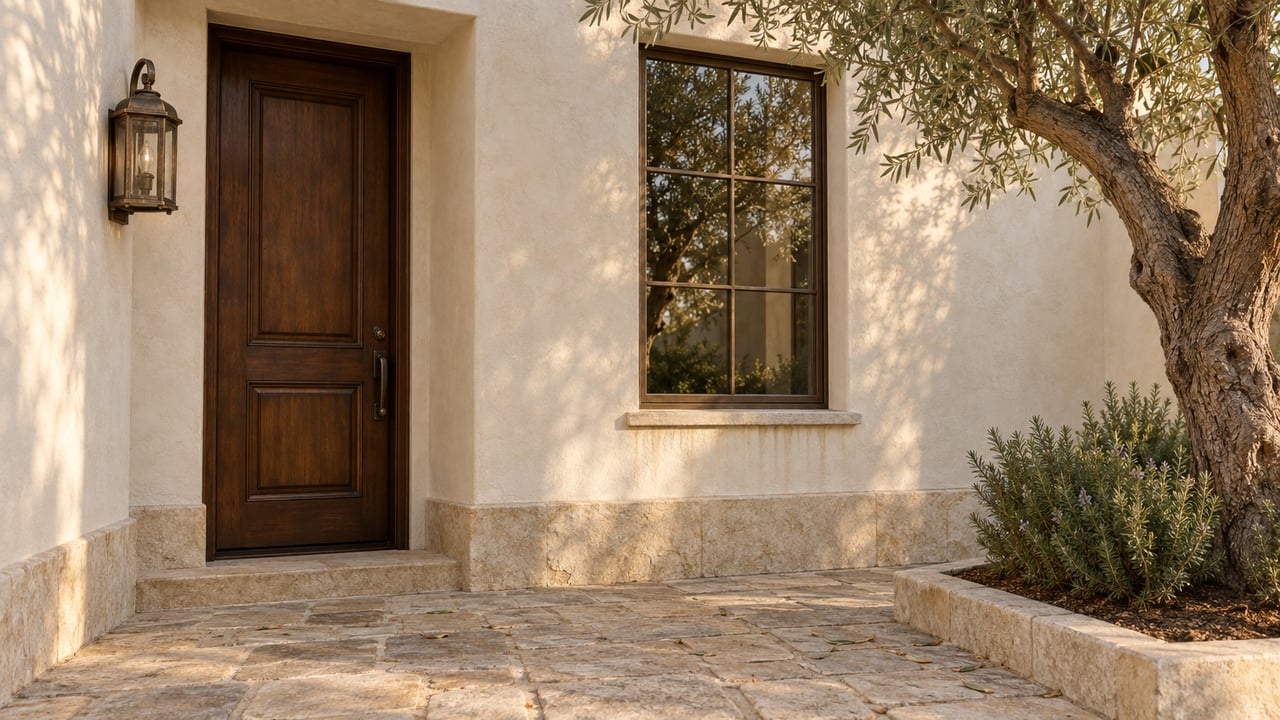 Cream-stucco entry court with a walnut door, bronze-framed window, olive tree, and limestone paving.