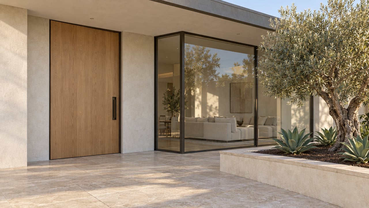Modern home entrance with an oak pivot door, bronze-framed glazing, limestone landing and a mature olive tree in a raised planter.