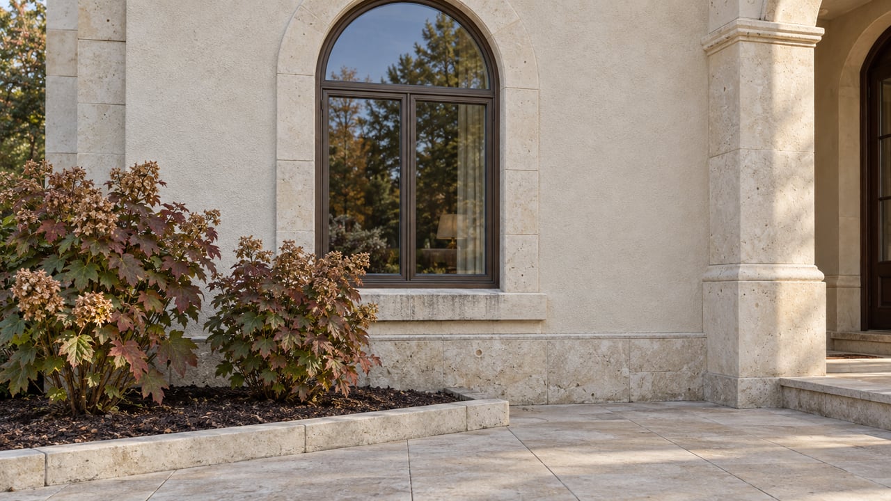 An arched bronze-framed window set into cream stucco and pale limestone above two oakleaf hydrangeas and a stone approach.