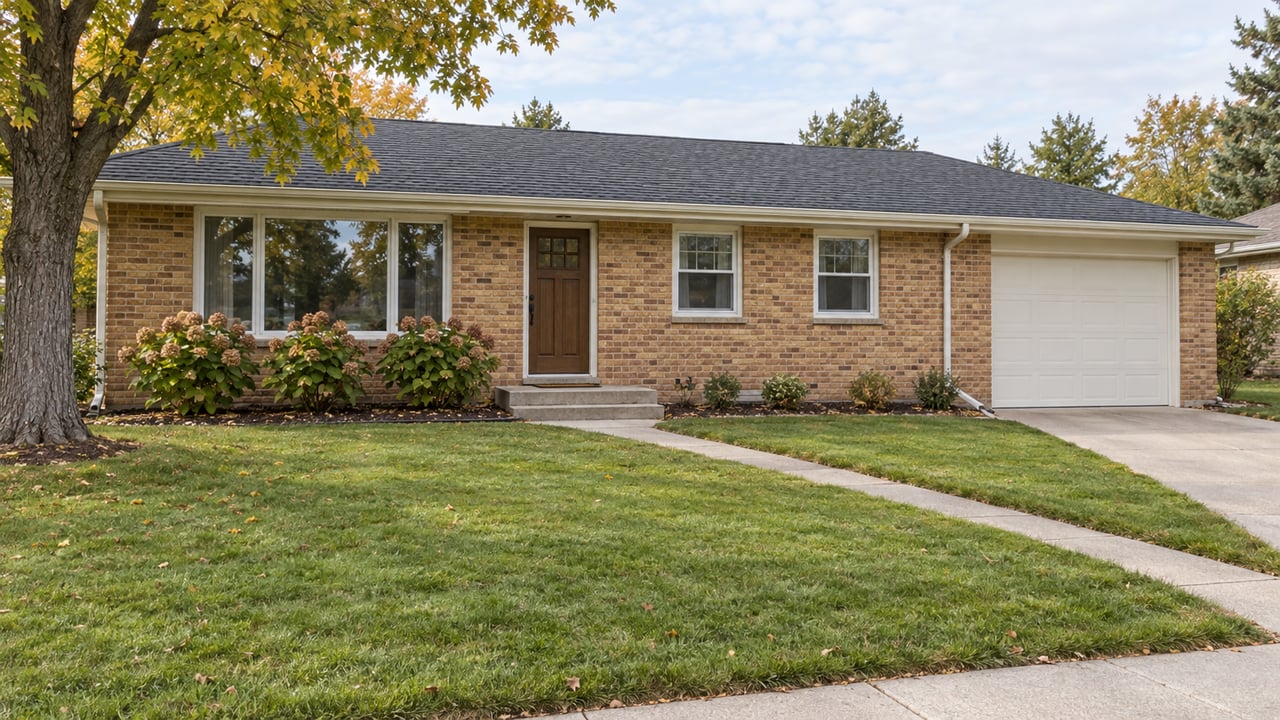 Maintained single-story buff-brick home with a deep lawn, concrete front walk, mature maple and attached garage.