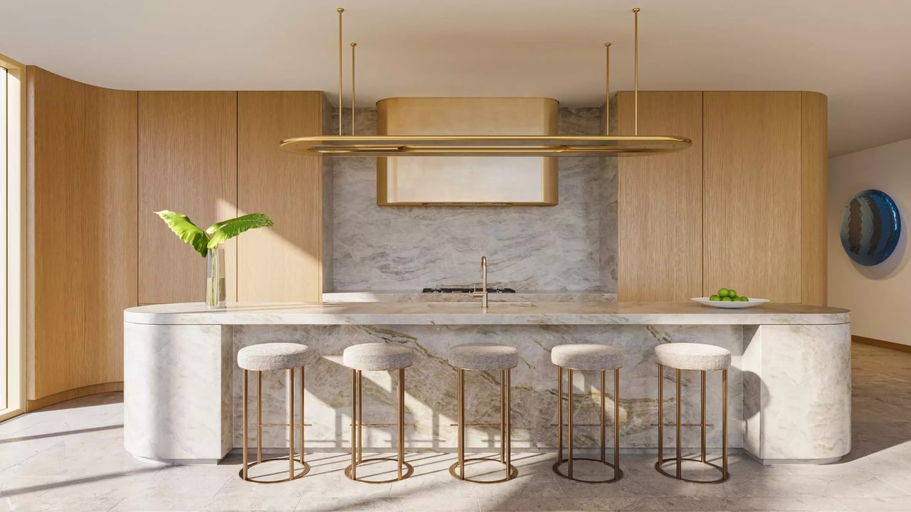 Rendering of an Indian Creek residence kitchen with island seating and custom cabinetry.