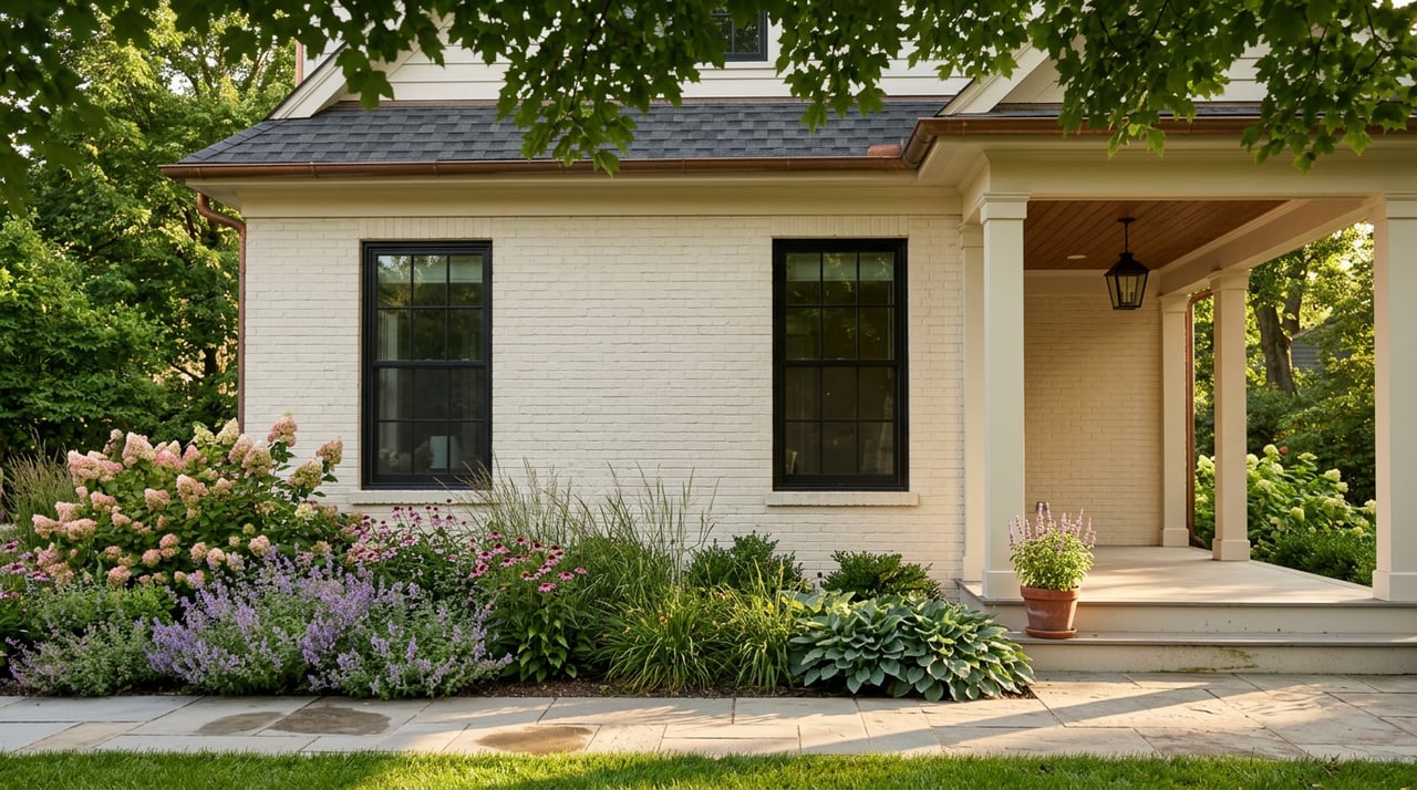 Bluestone garden path beside limewashed brick home, with pink hydrangeas, lavender catmint, and a covered porch.