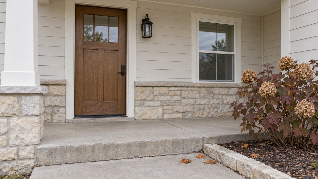 Oak front door and white siding above a limestone base, with a concrete porch and burgundy oakleaf hydrangea.