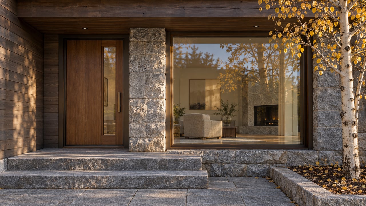 Timber-and-granite residential entrance with bronze-framed glazing, stone steps, and a golden-leaved aspen.