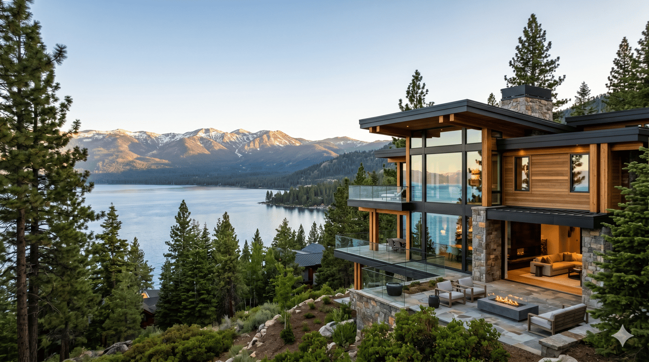 Luxury modern mountain home with floor-to-ceiling windows overlooking Lake Tahoe at golden hour, representing Incline Village real estate.