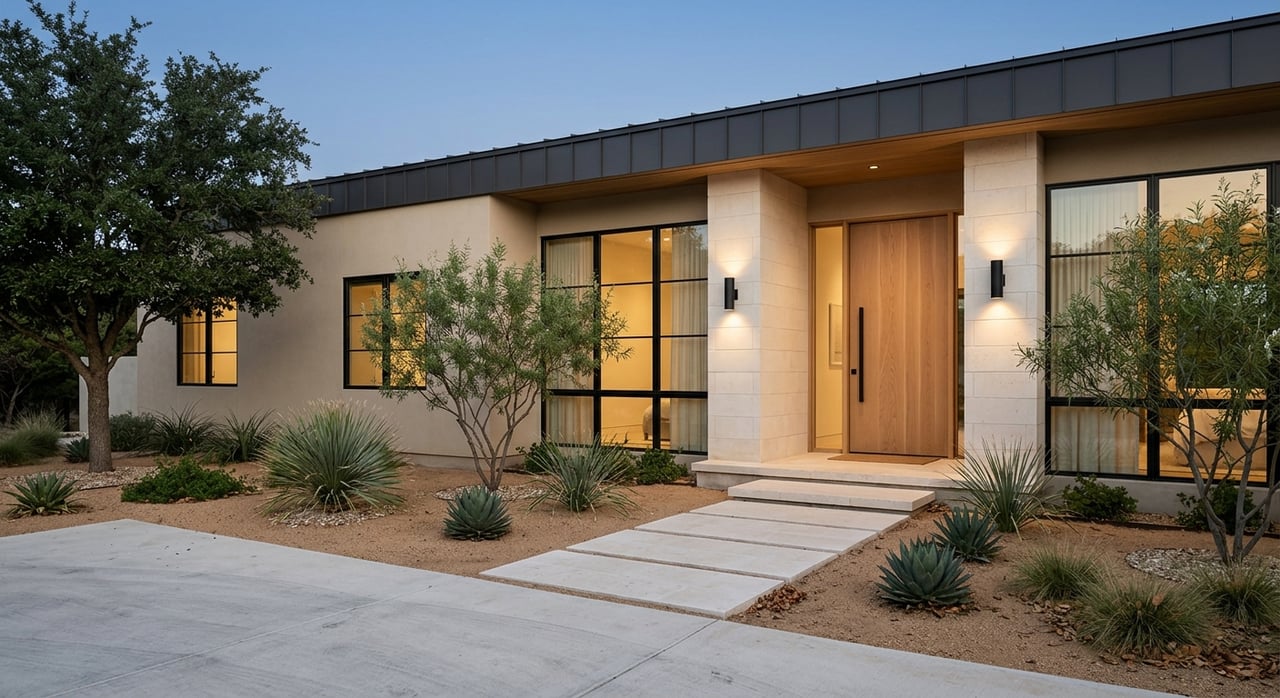 Home entrance with an oak pivot door, limestone walls, desert plants, and lights at twilight.