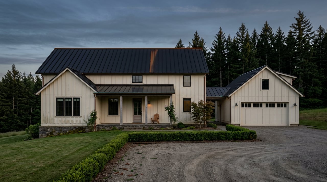 White farmhouse with black metal roof above gravel drive, backed by tall conifers at dusk.