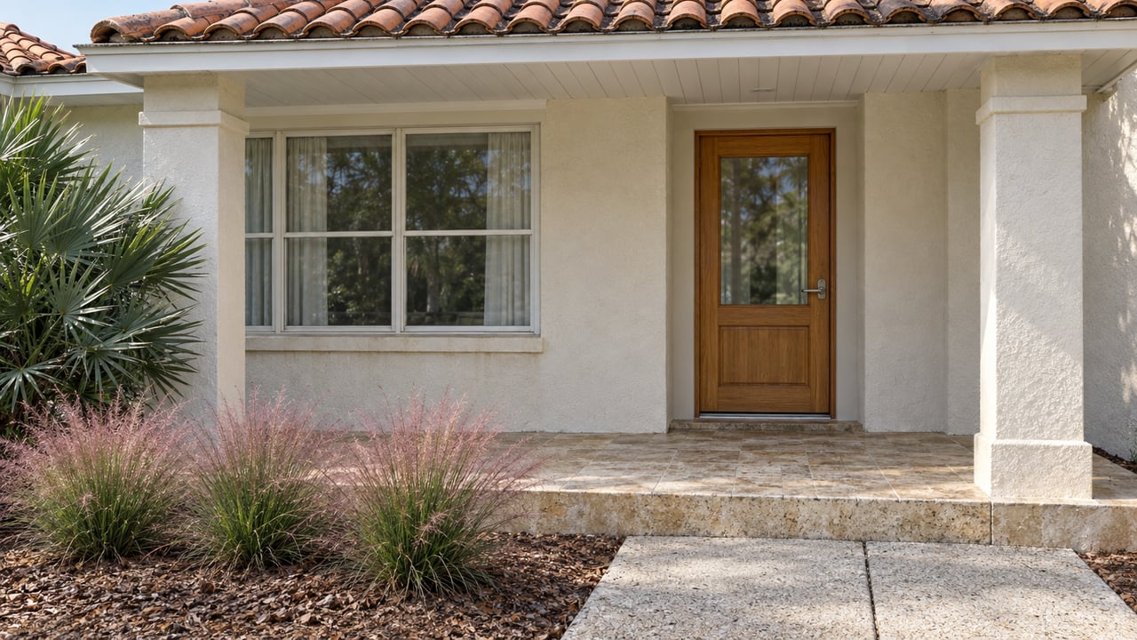 Cream stucco home entry with clay roof tiles, a glazed oak door, limestone porch and silver-green saw palmetto.
