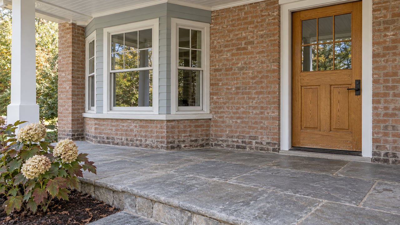 Warm brick porch with a closed oak front door, white-trimmed bay windows, gray limestone paving and an oakleaf hydrangea.