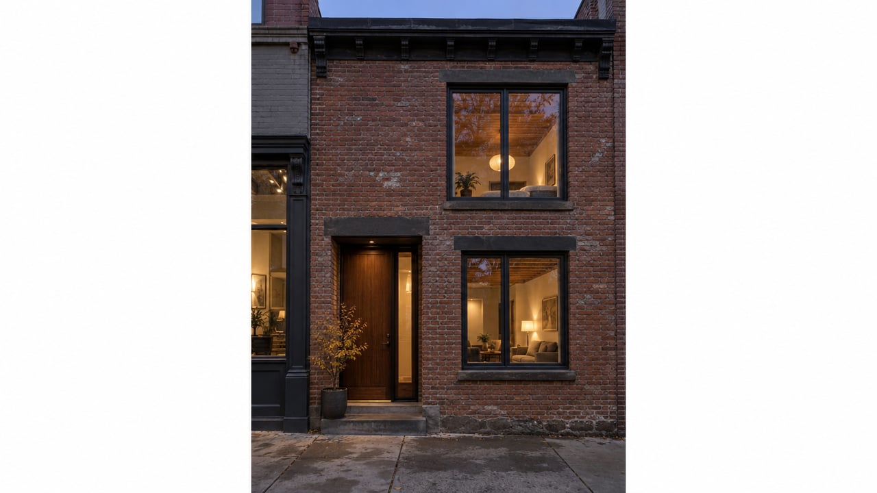 Two-story red-brown brick residence with a recessed walnut door, dark-framed windows, and a potted sapling.