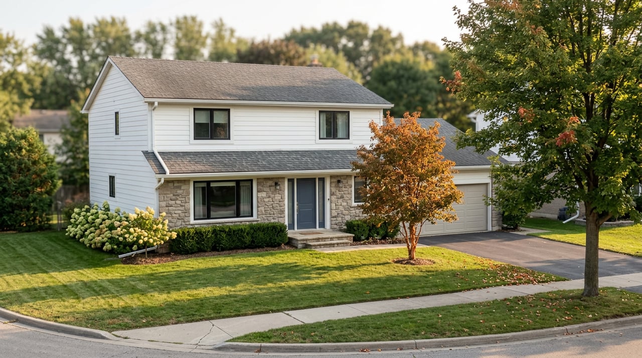Two-story suburban home with white clapboard and stone facade, navy door, deep lawn, and copper-orange tree.