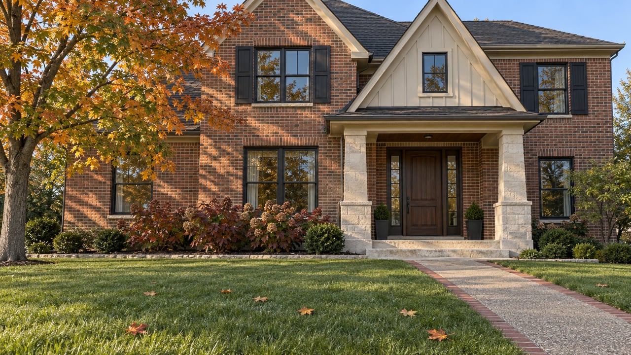 Autumn sunlight falls across a brick home with steep gables, a limestone porch and a spacious lawn beside an amber-leaved sugar maple.