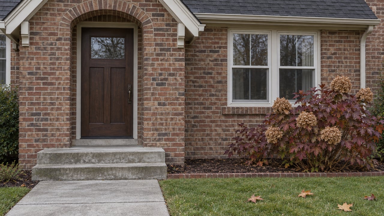 Red-brown brick home with an arched oak entrance, white-framed window and burgundy oakleaf hydrangea in cool autumn daylight.