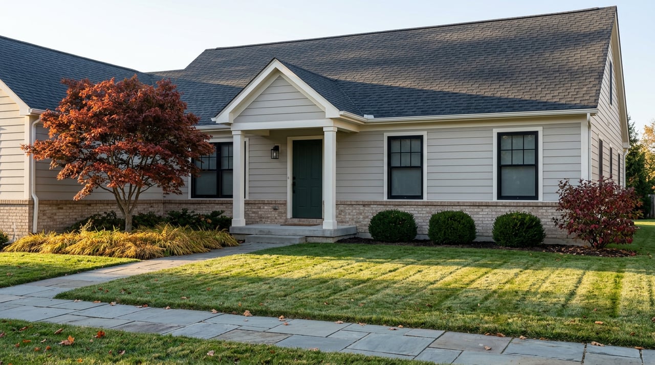 Light-gray suburban home with a green door, fronted by a red-orange Japanese maple and a long lawn.