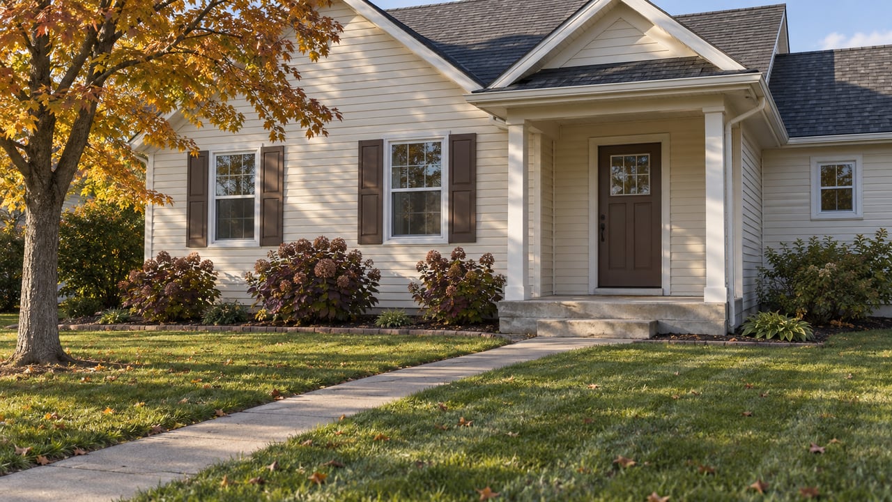 Cream-sided home with layered dark gables, a modest front porch, autumn planting and a concrete walk across a deep lawn.