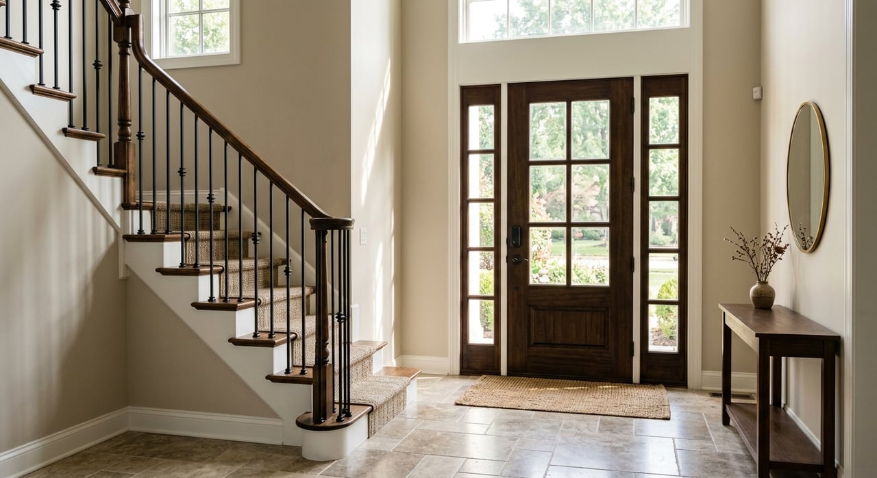 Foyer with a walnut front door, travertine floor, oak staircase, and potted bird-of-paradise plant.