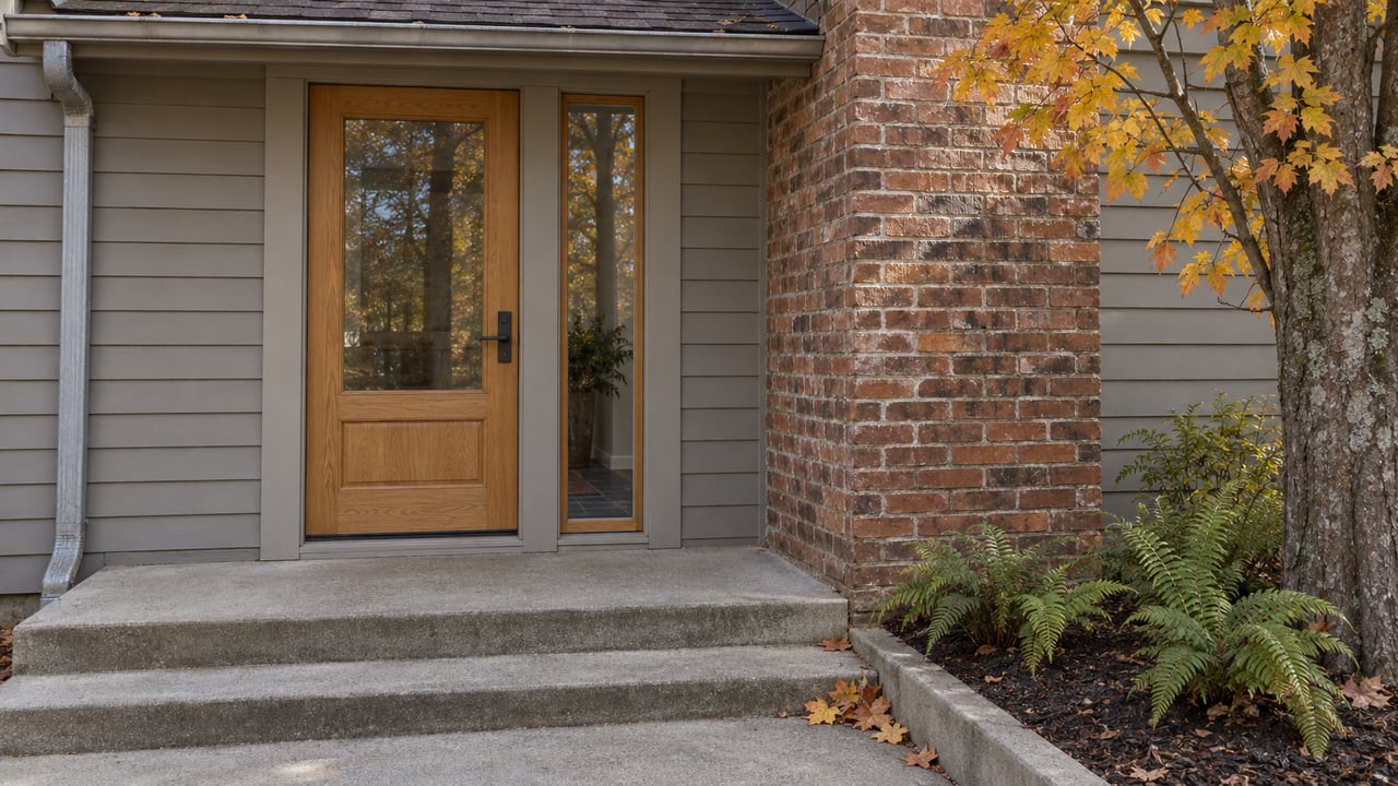 Closed glazed oak entry door beside weathered clapboard and brick, with concrete steps and amber maple leaves.
