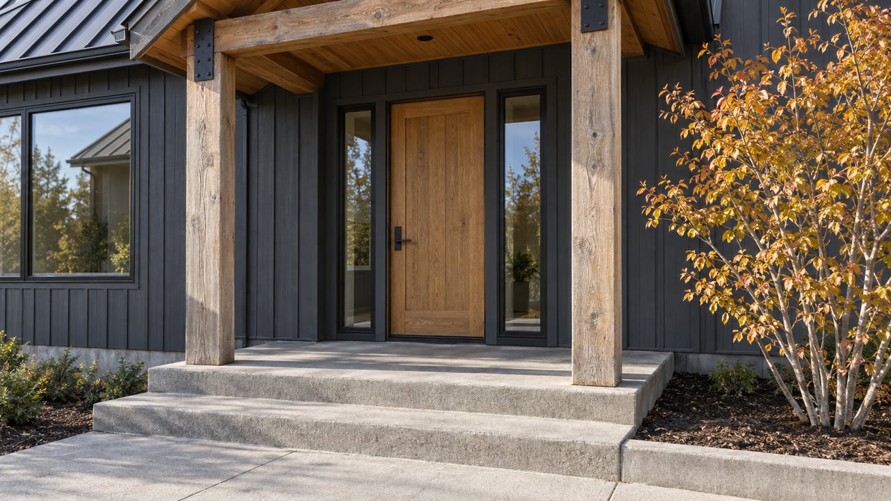 Covered front entry with charcoal siding, timber posts, concrete steps and an autumn serviceberry beside the approach.