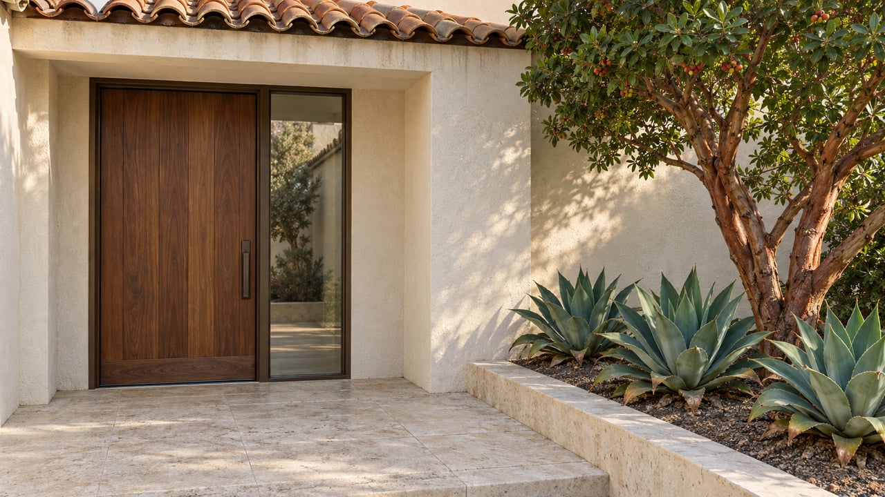 Sunlit stucco home entrance with a walnut door, limestone landing and sculptural planting in a raised stone bed.
