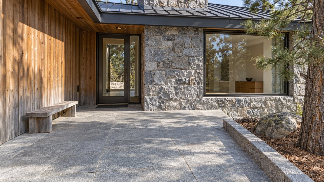 Cedar and granite mountain home entry with bronze-framed glazing, a weathered teak bench and a pine beside the stone terrace.
